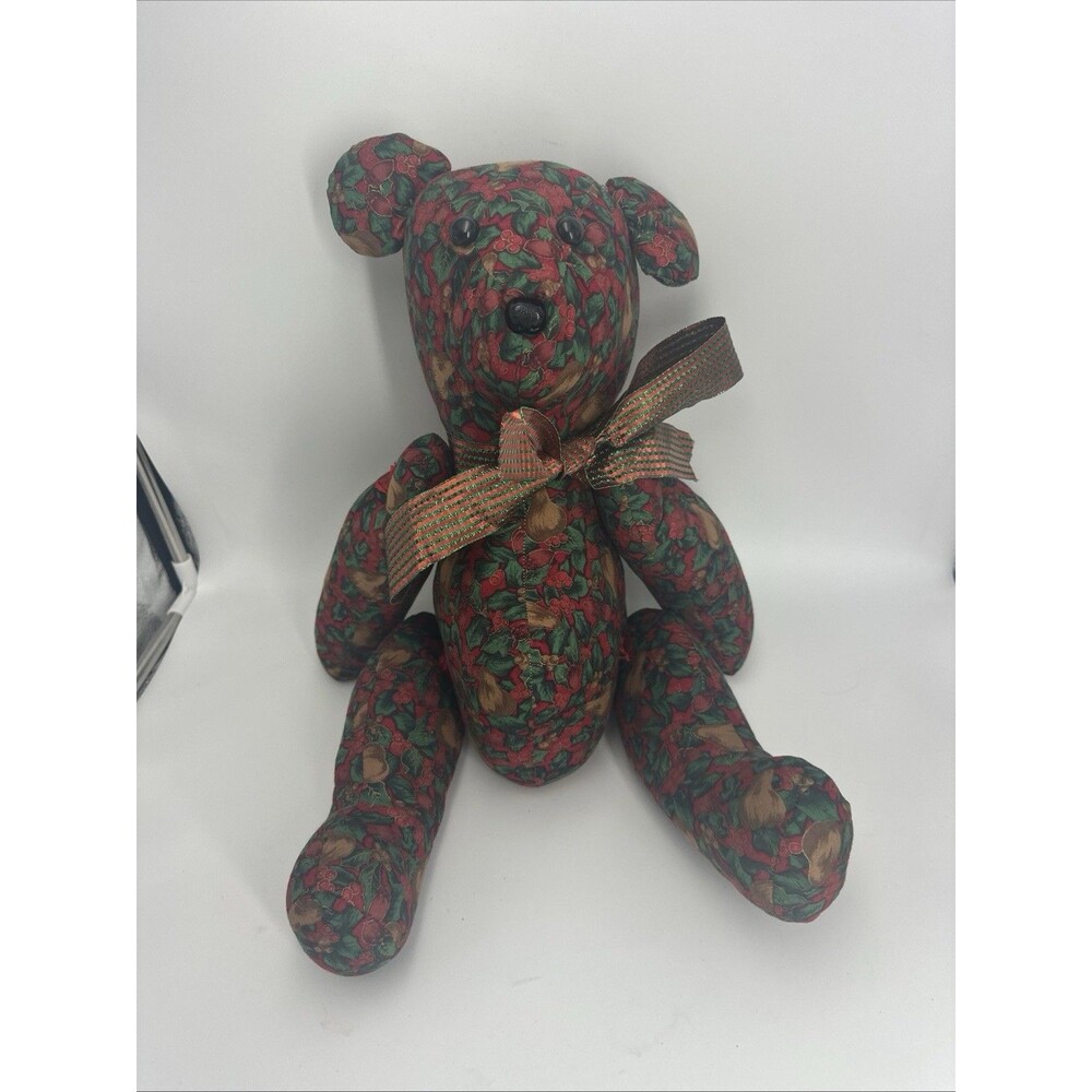 Vtg Handmade Christmas Bear Plush Stuffed Animal Floral Holly Fabric